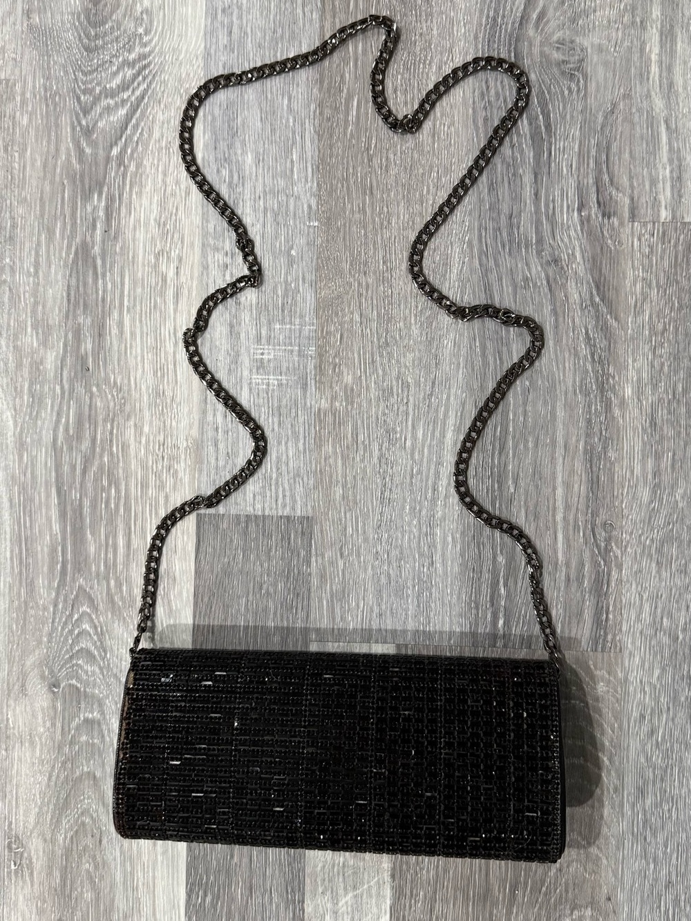 Black Beaded Starlet Clutch Evening Bag, Chain Shoulder Strap, Lined